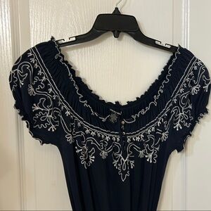 Lucky Brand Navy Blue Dress with White Embroidery